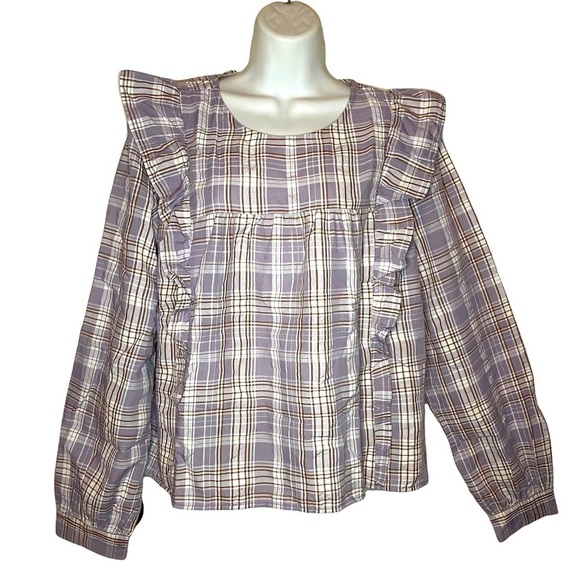Ann Taylor LOFT peasant Frosted Lavender Plaid Ruffle Cropped Blouse - Picture 1 of 7
